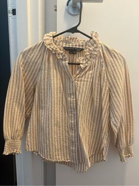 Veronica Beard Cream & Tan Striped Ruffle-Neck Button Front Blouse